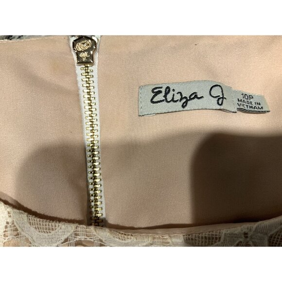 Eliza J Dress 10 Petite Ivory Lace Overlay Dress Gold Belted Party Wedding - Picture 5 of 9